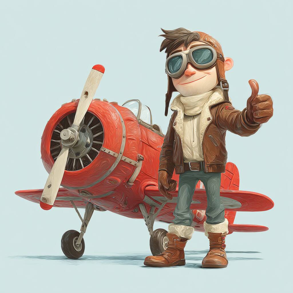 Ywkk Aviator – The official Aviator crash game in Bangladesh A brave and cool cartoon pilot, the Aviator game mascot, giving a thumbs-up in front of a classic red propeller plane.