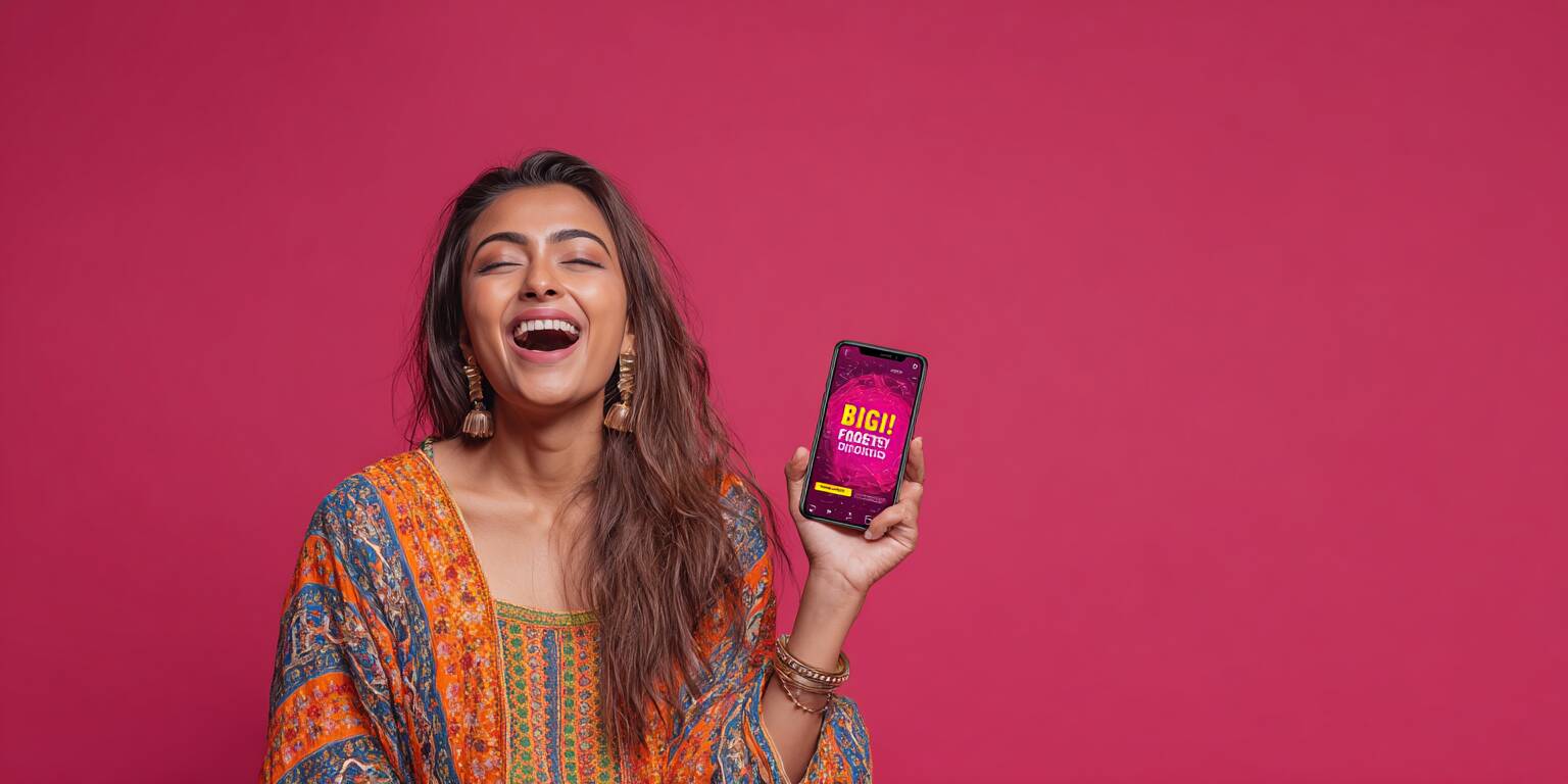 A beautiful young Bangladeshi woman looking thrilled, holding her smartphone which displays a big win screen on the Fortune Gems slot game.