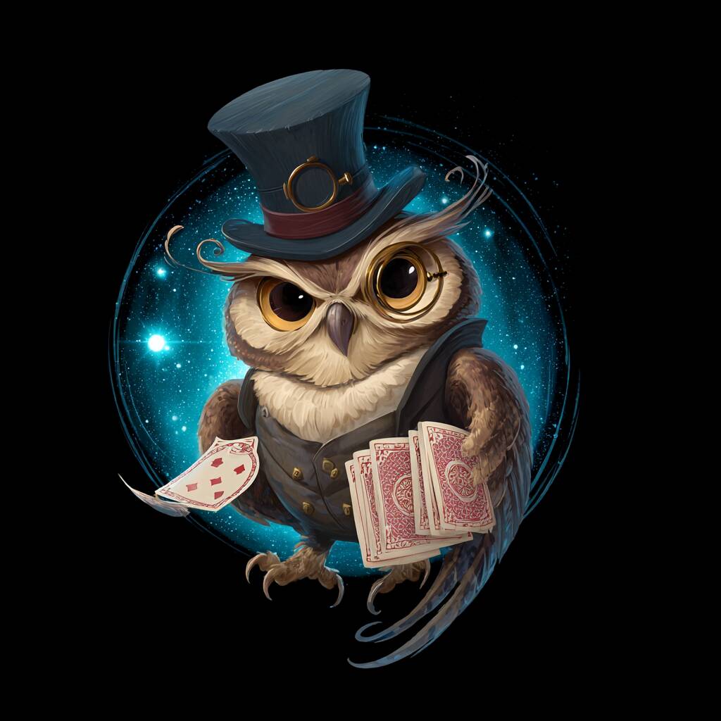 A wise and friendly cartoon owl, the Ywkk games mascot, wearing a monocle and holding a magical, glowing deck of playing cards.