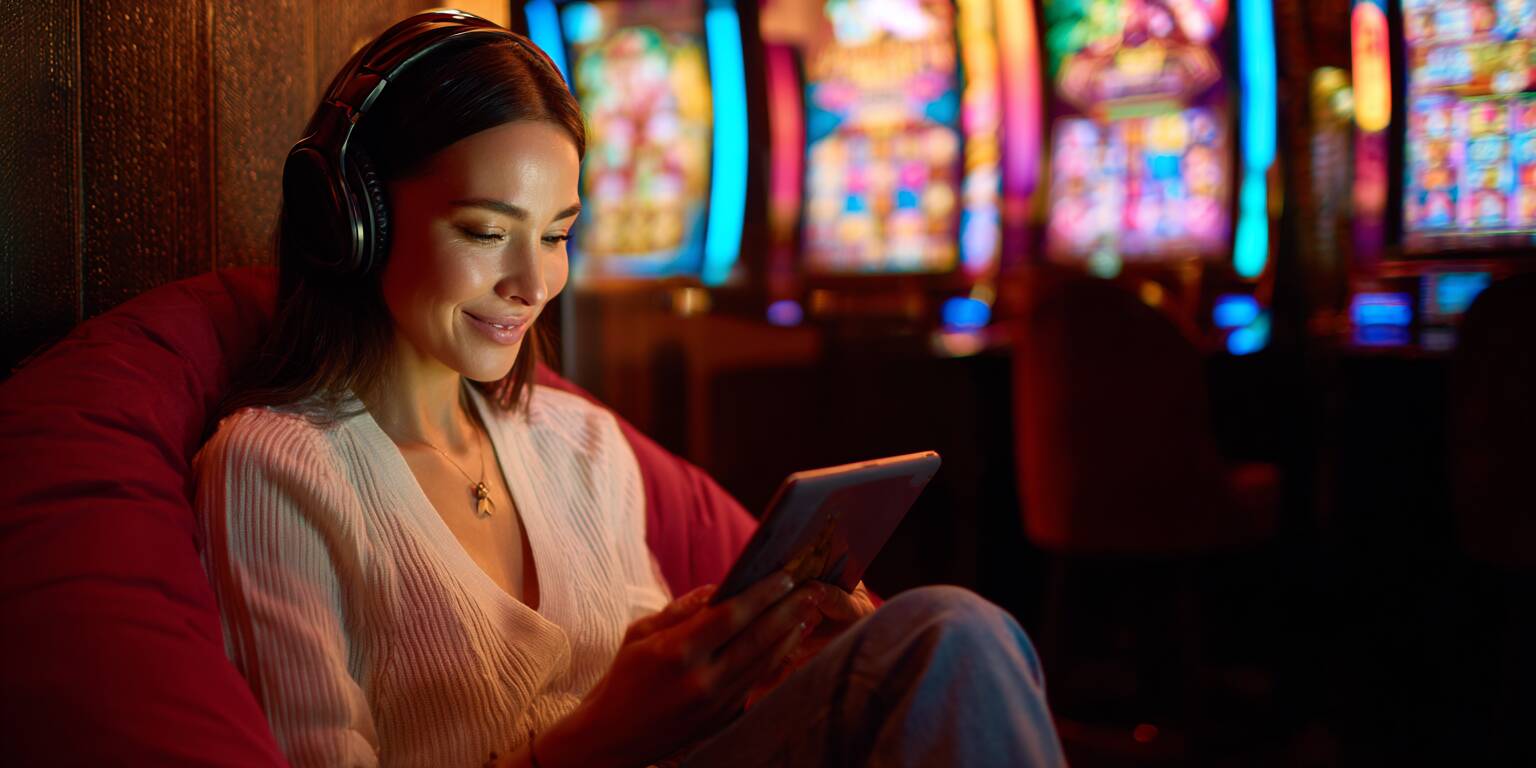 A beautiful, cheerful young woman from Bangladesh wearing headphones and enjoying a diverse selection of casino games on her tablet.