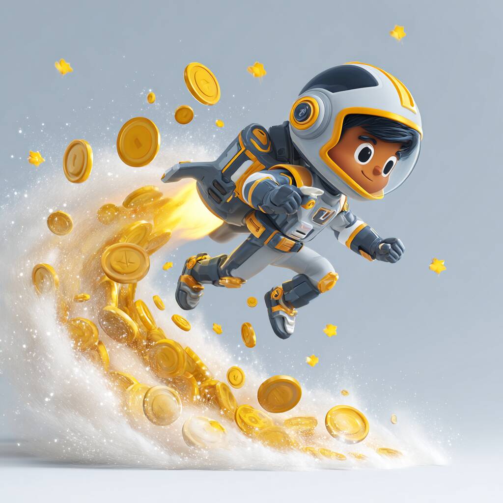 A fun cartoon character, Lucky Joe, wearing a helmet and flying with a powerful jetpack, leaving a trail of golden stars.