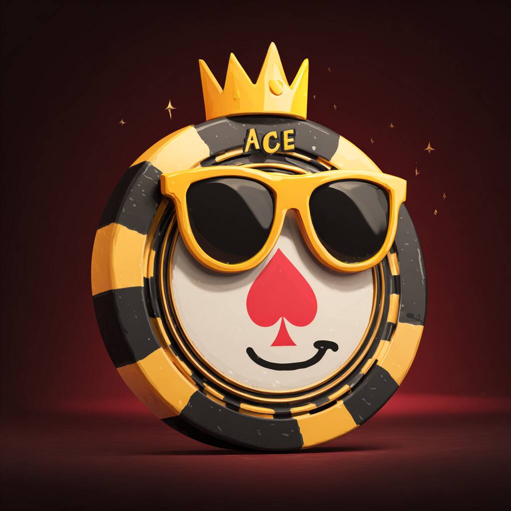 A cool and confident cartoon Ace of Spades character, the Super Ace mascot, wearing a crown and sunglasses, leaning on a stack of casino chips.